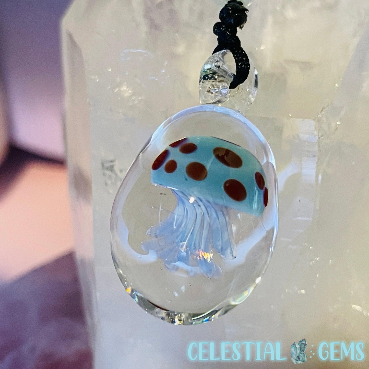 Glass Blown Jellyfish Pendant on Rope Necklace A