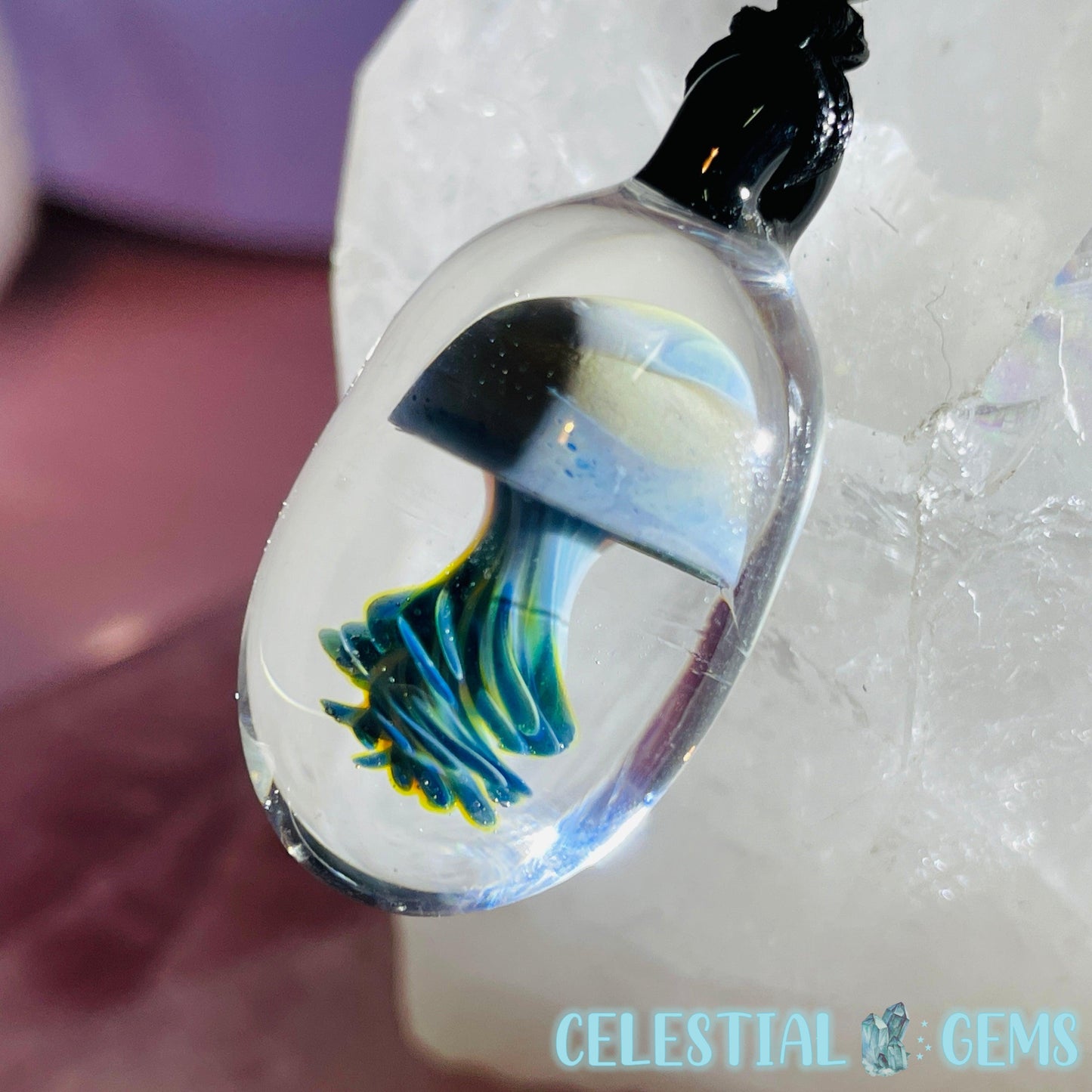 Glass Blown Jellyfish Pendant on Rope Necklace B