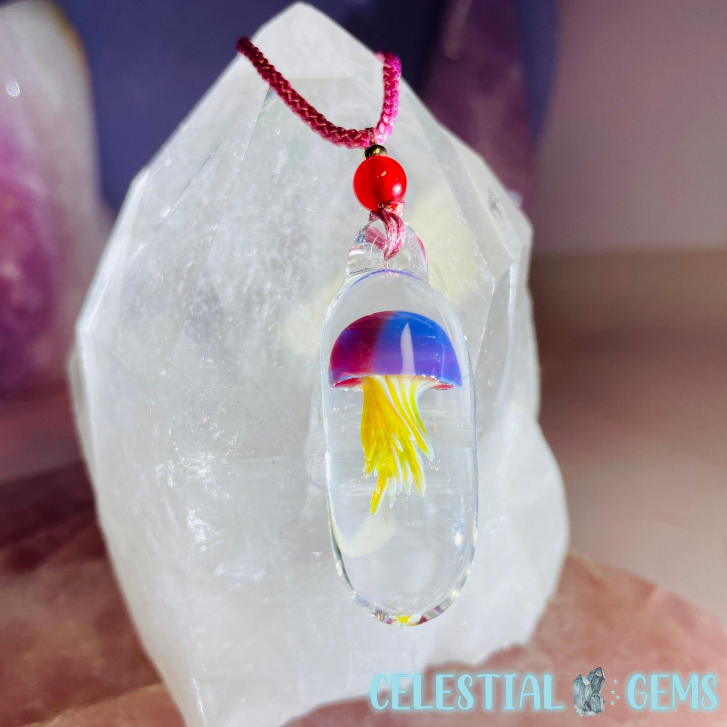 Glass Blown Jellyfish Pendant on Rope Necklace D