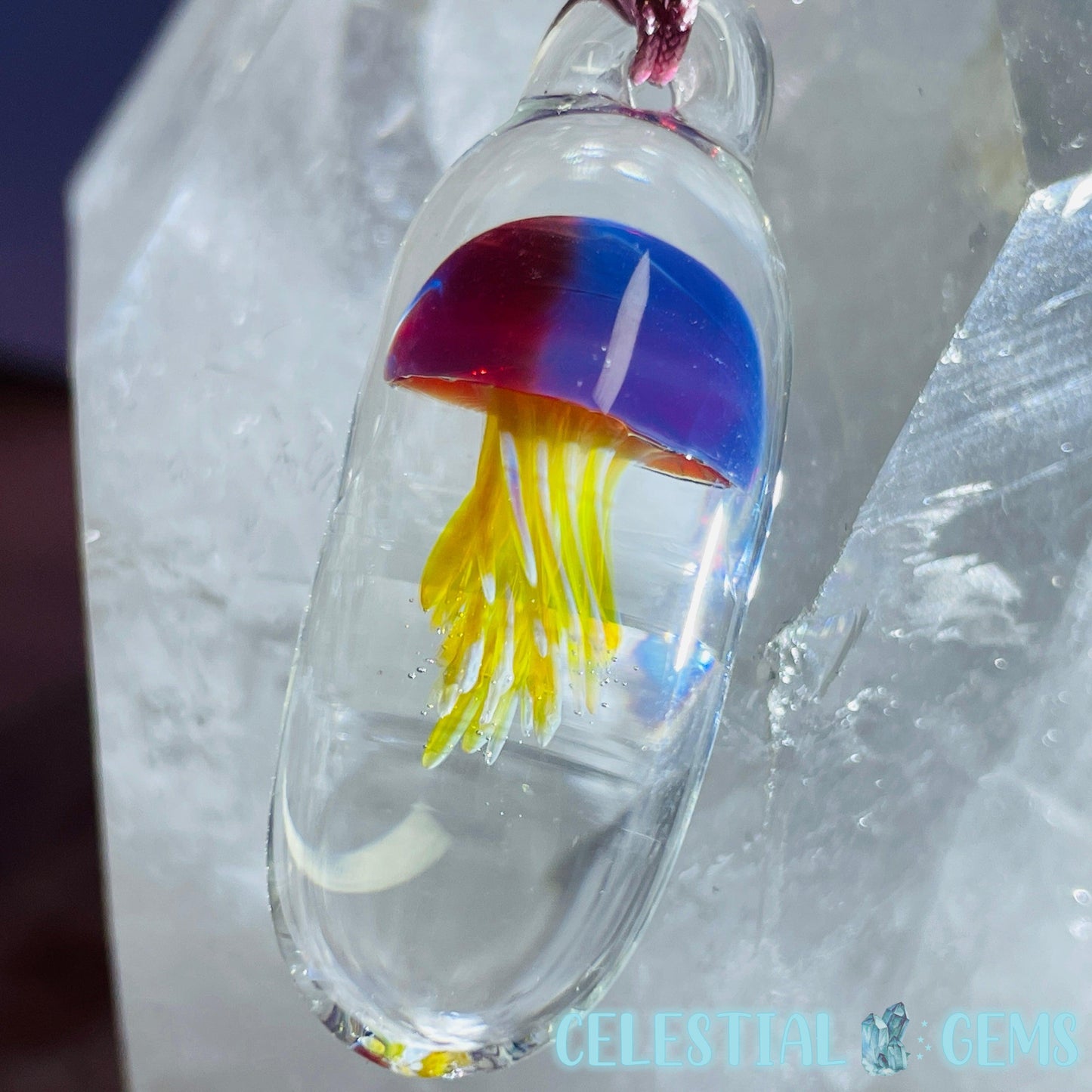 Glass Blown Jellyfish Pendant on Rope Necklace D