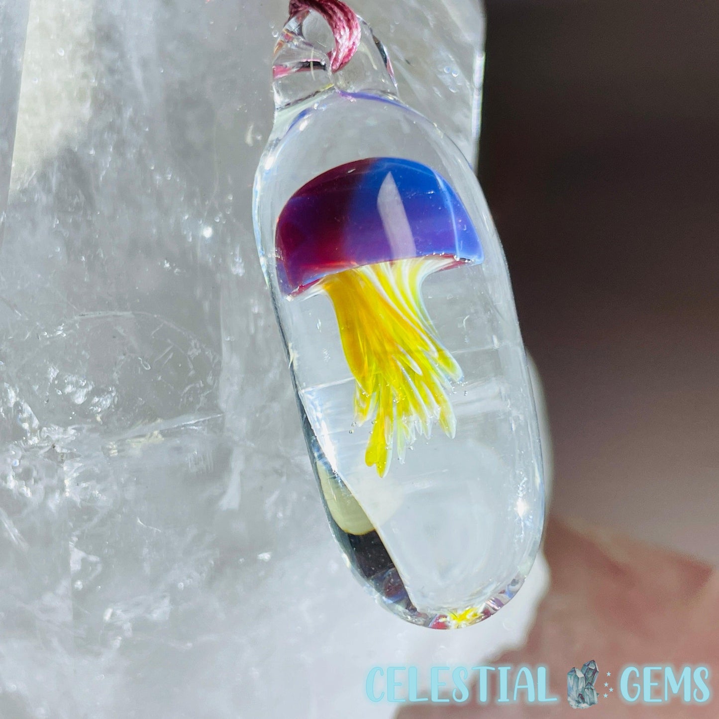 Glass Blown Jellyfish Pendant on Rope Necklace D