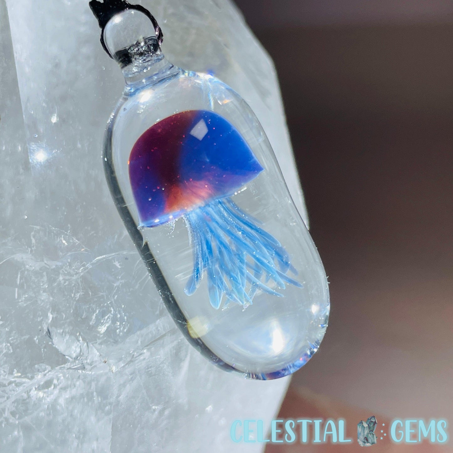 Glass Blown Jellyfish Pendant on Rope Necklace E