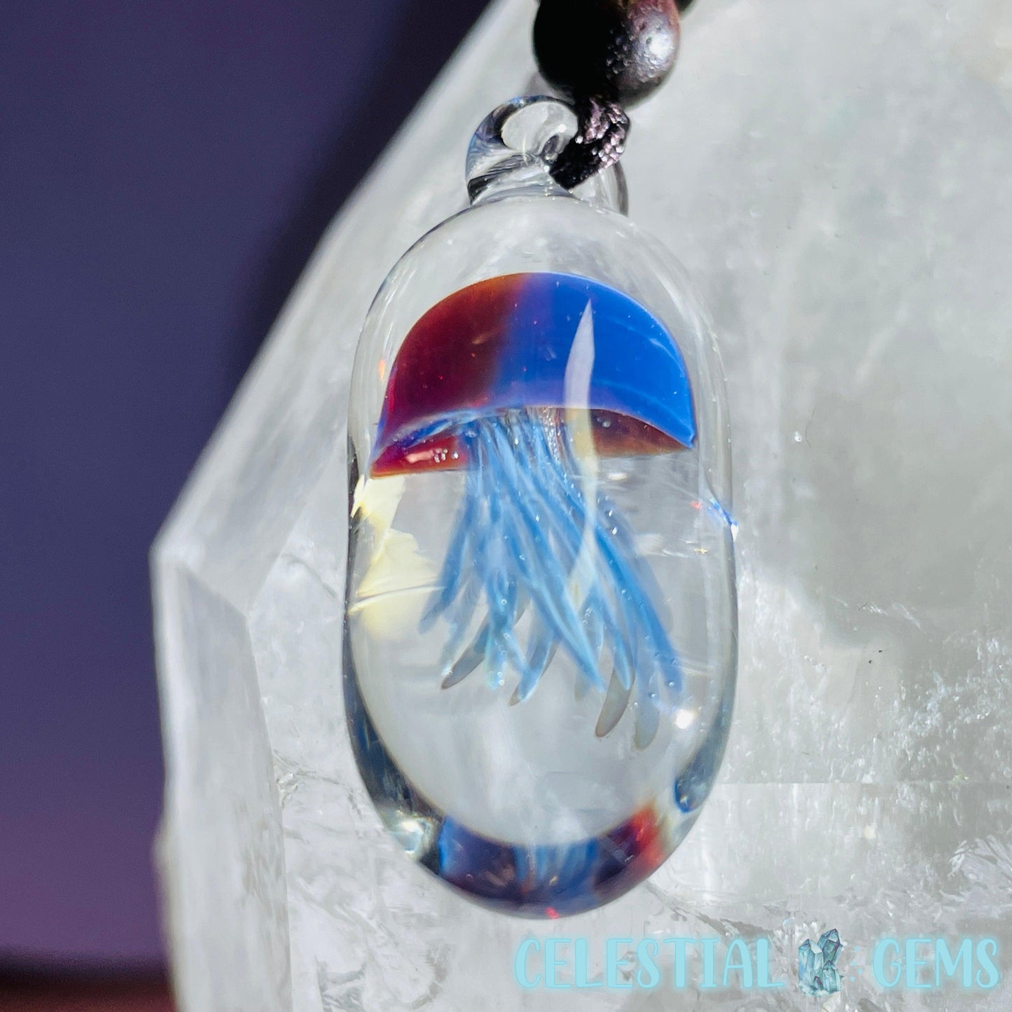 Glass Blown Jellyfish Pendant on Rope Necklace E