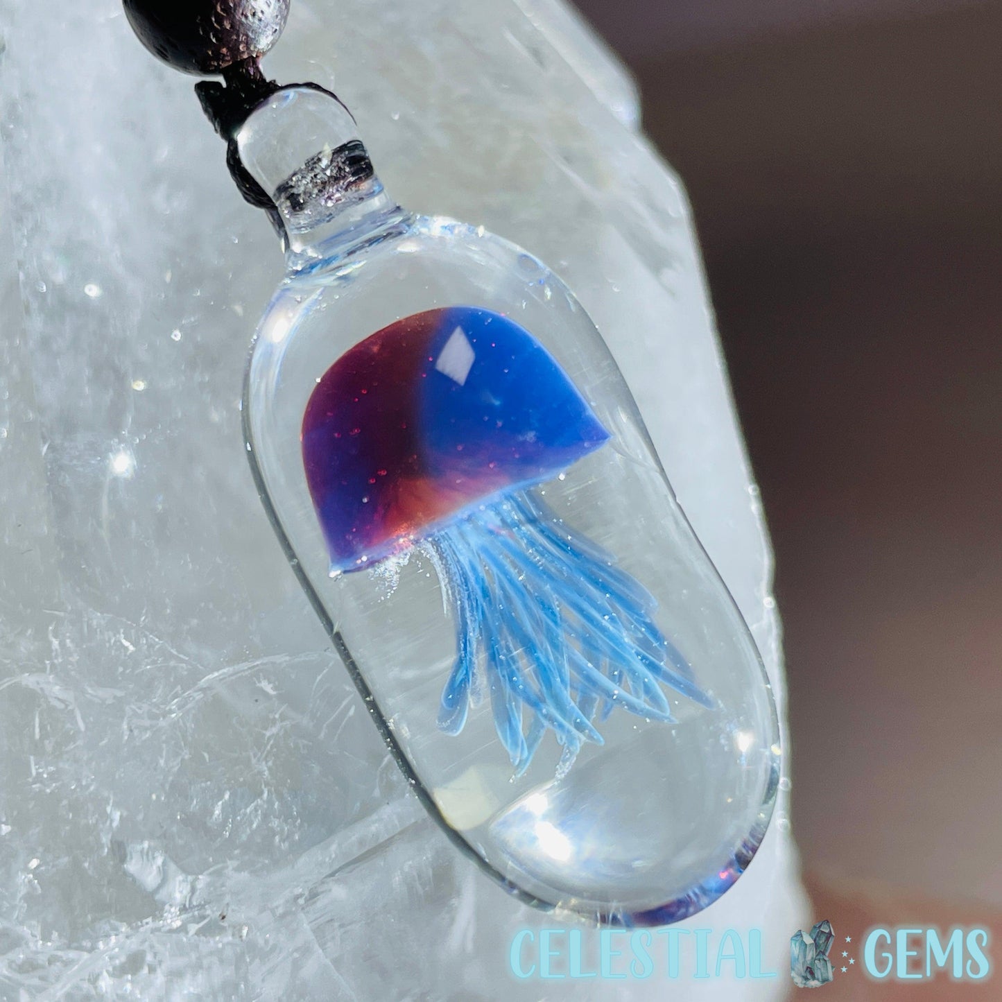 Glass Blown Jellyfish Pendant on Rope Necklace E