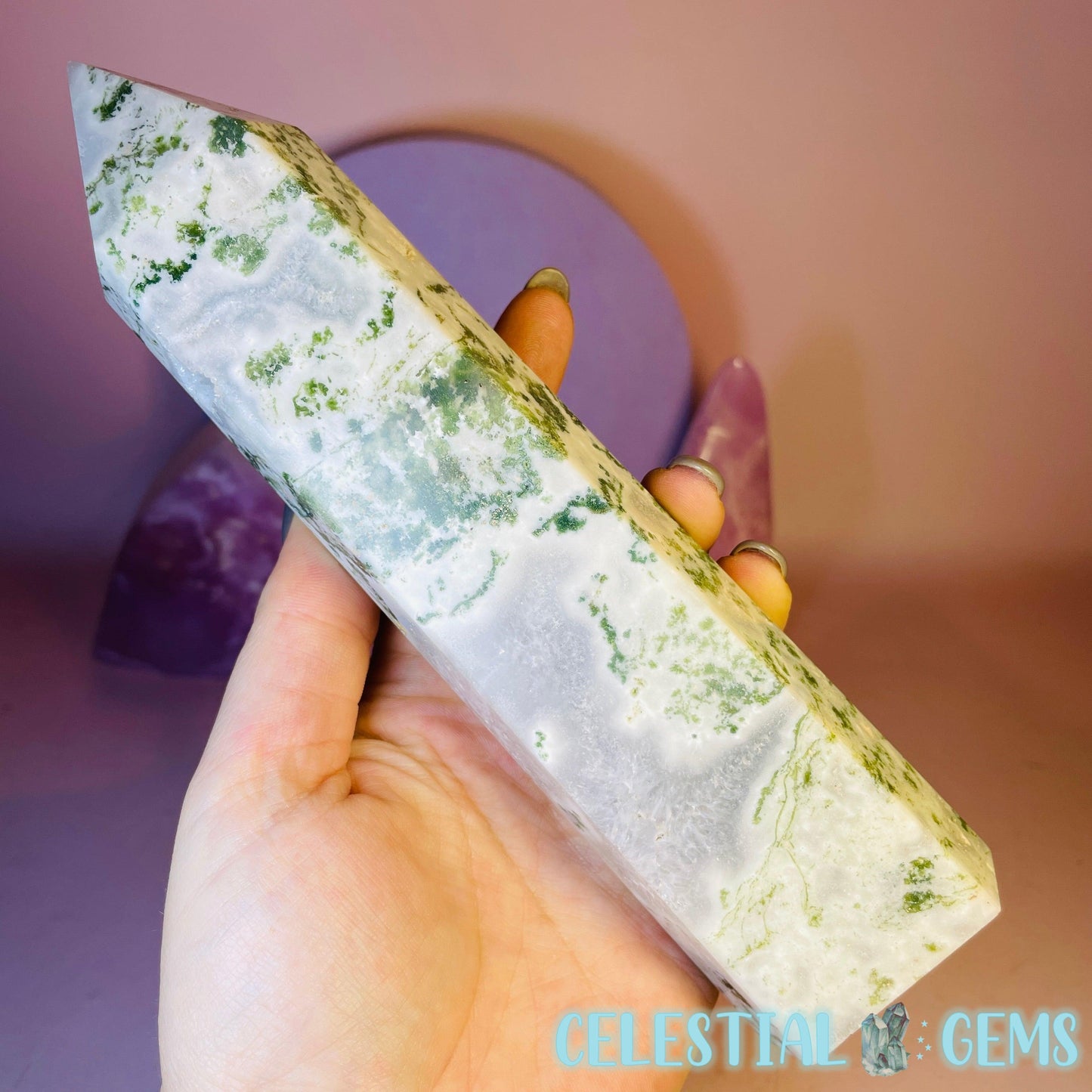 Druzy Moss Agate Large Tower