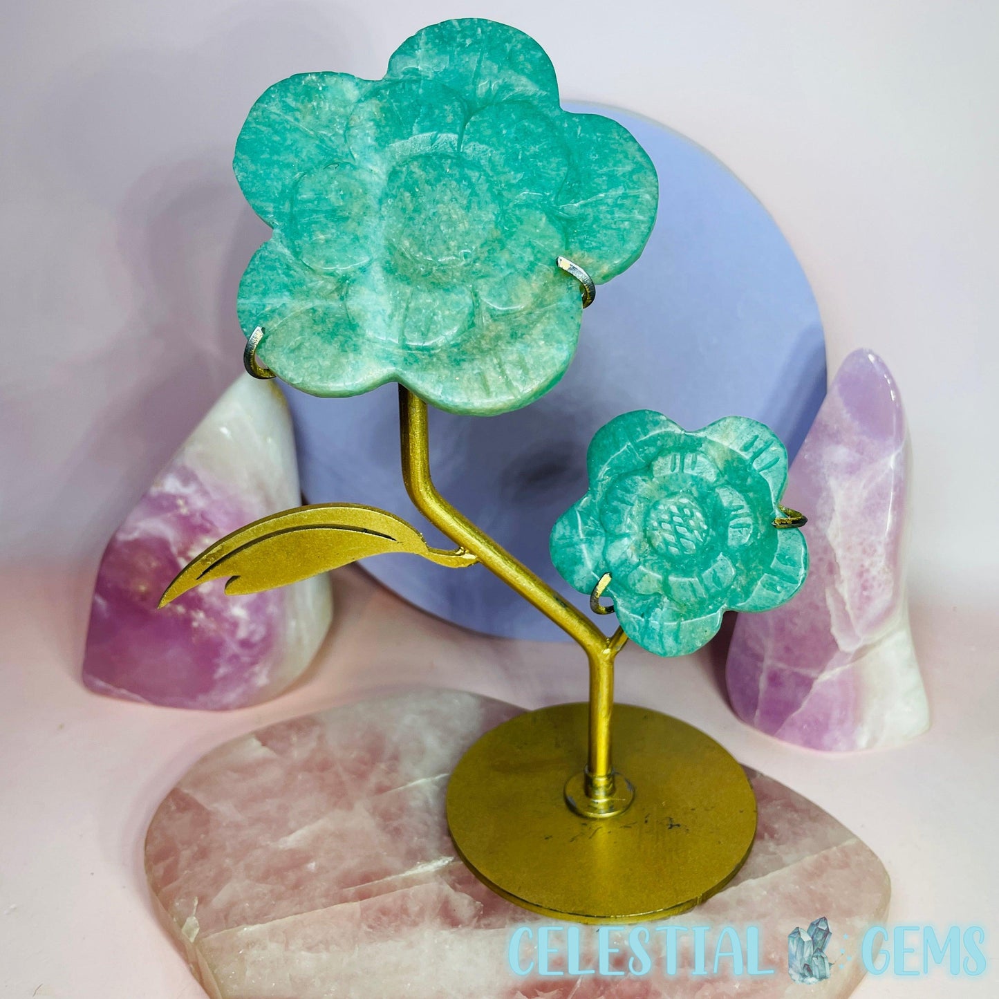 Amazonite Double Flower Carving on Stand