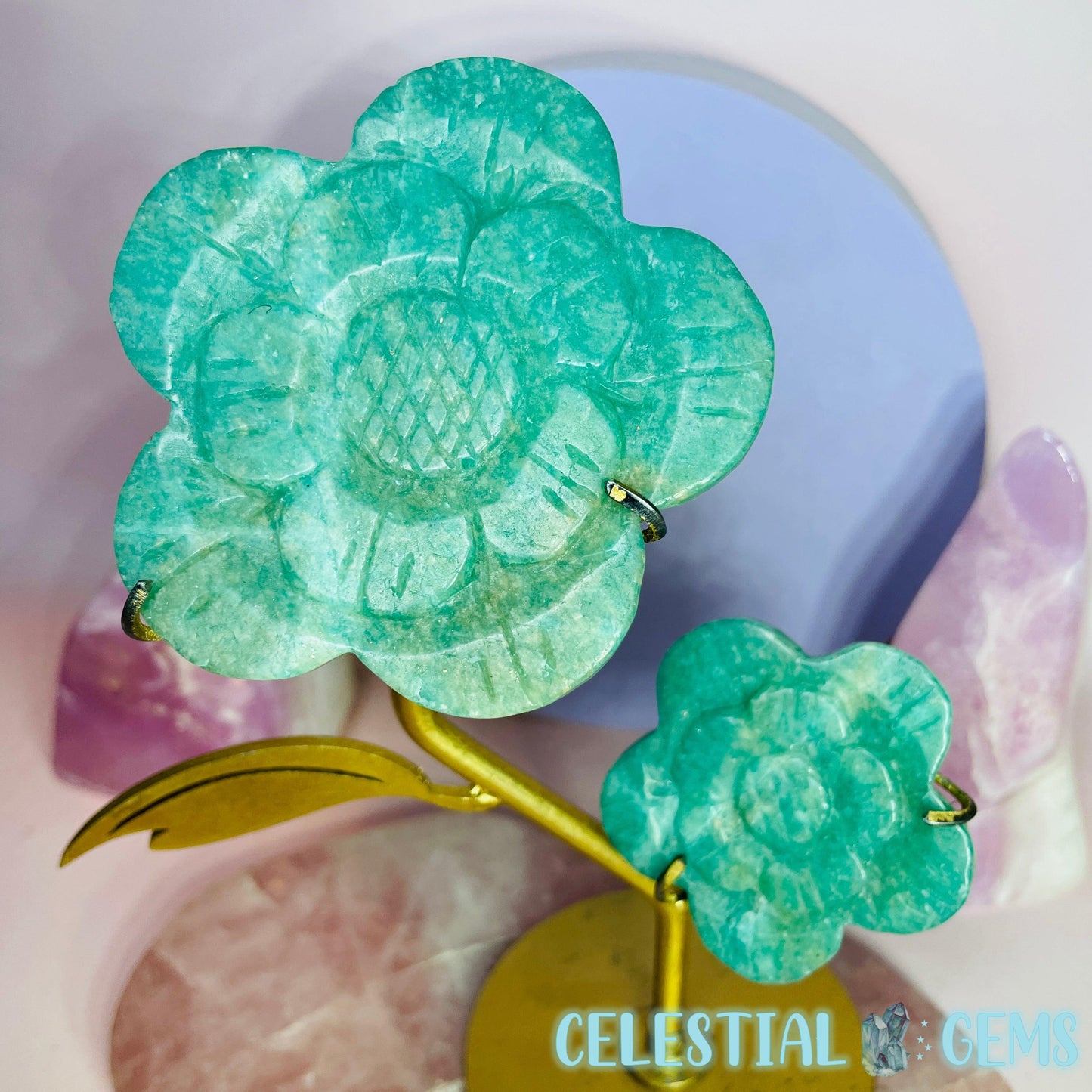 Amazonite Double Flower Carving on Stand