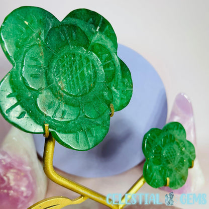 Green Strawberry Quartz Double Flower Carving on Stand A