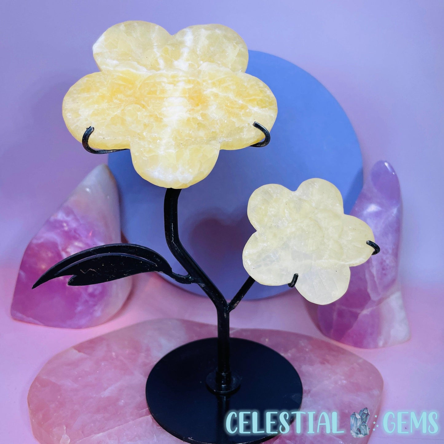 Orange Calcite Double Flower Carving on Stand