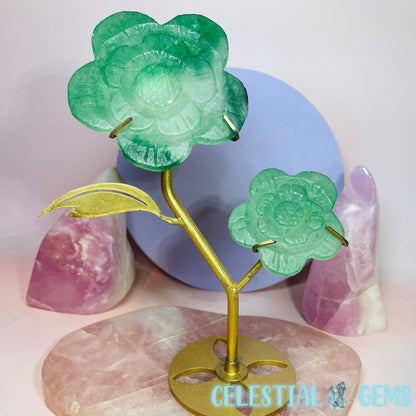 Green Strawberry Quartz Double Flower Carving on Stand B