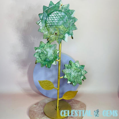 Moss Agate Triple Flower Carving on Stand