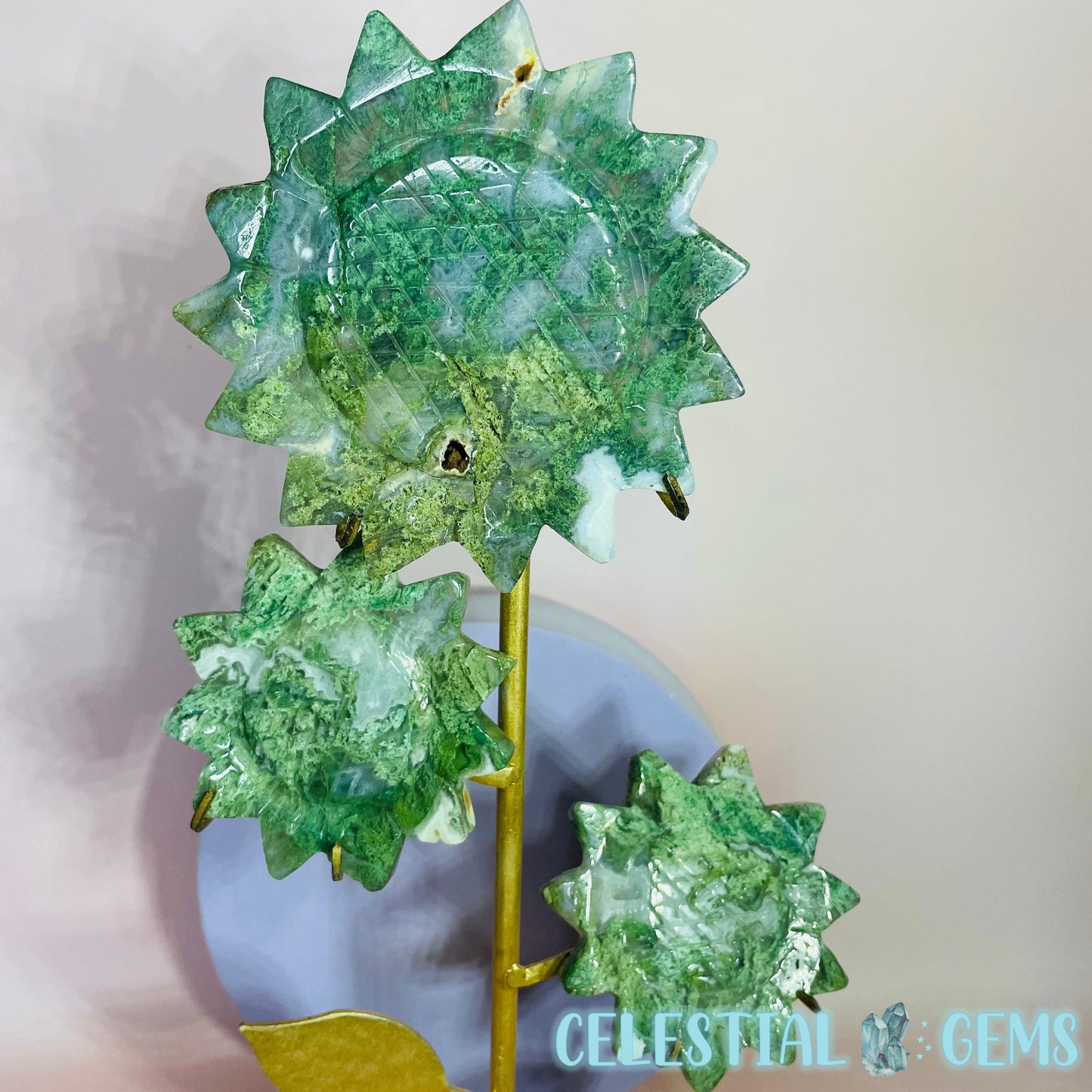 Moss Agate Triple Flower Carving on Stand