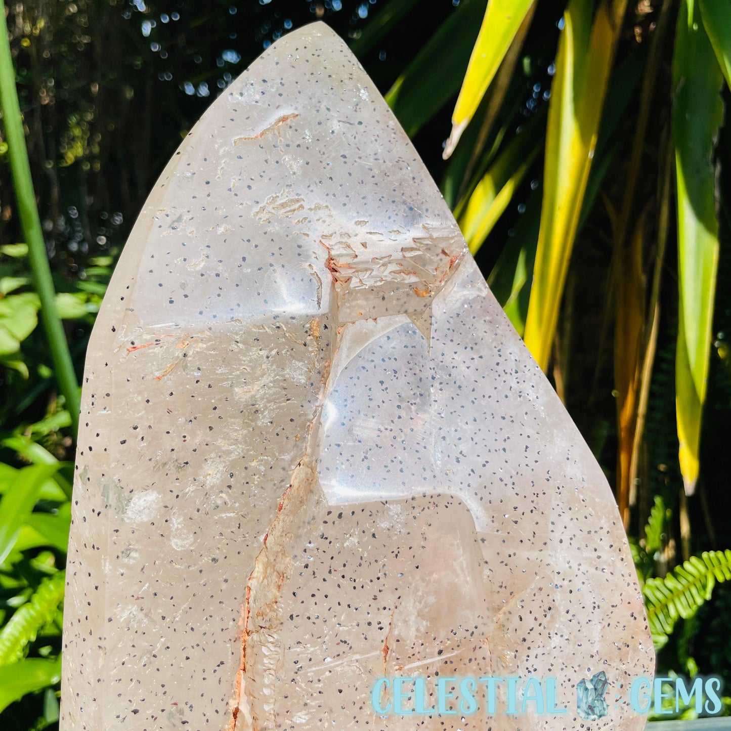 Rare Specular Hematite in Quartz XXL Semi-Polished Natural Point with Elestial Growth