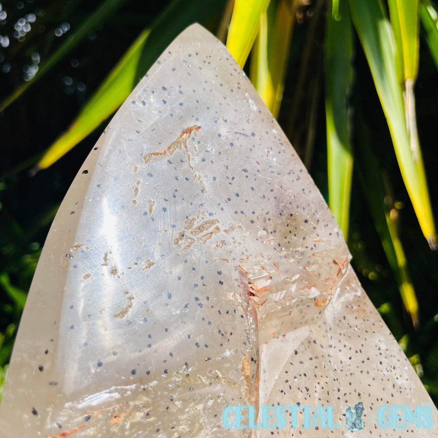 Rare Specular Hematite in Quartz XXL Semi-Polished Natural Point with Elestial Growth