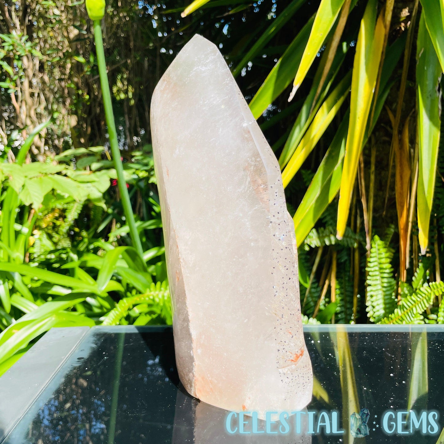 Rare Specular Hematite in Quartz XXL Semi-Polished Natural Point with Elestial Growth
