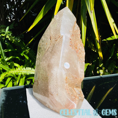 Rare Specular Hematite in Quartz XXL Semi-Polished Natural Point with Elestial Growth