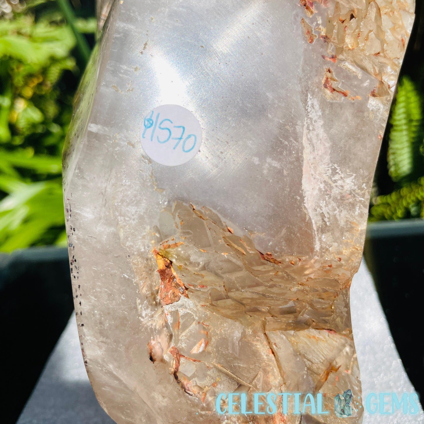 Rare Specular Hematite in Quartz XXL Semi-Polished Natural Point with Elestial Growth