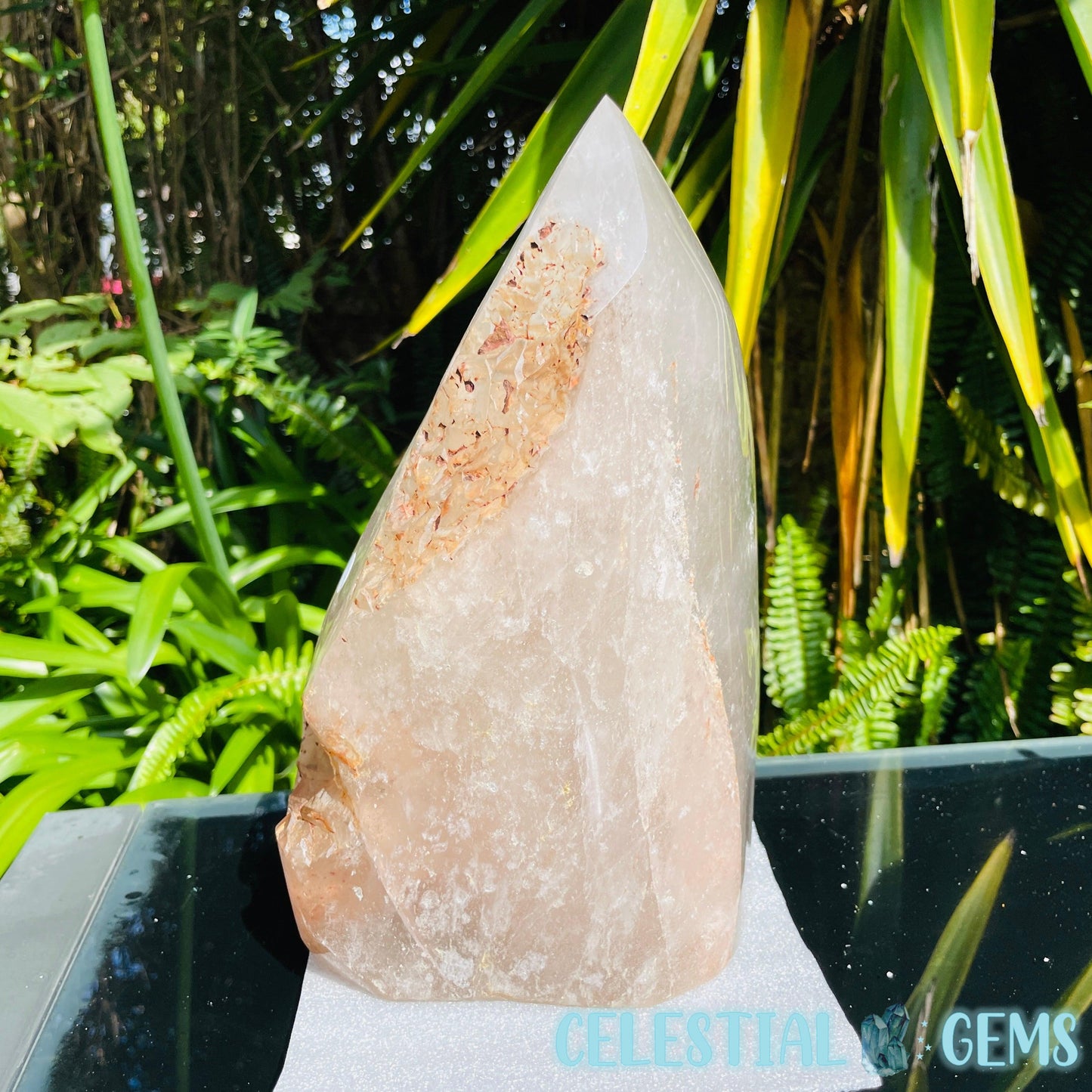 Rare Specular Hematite in Quartz XXL Semi-Polished Natural Point with Elestial Growth