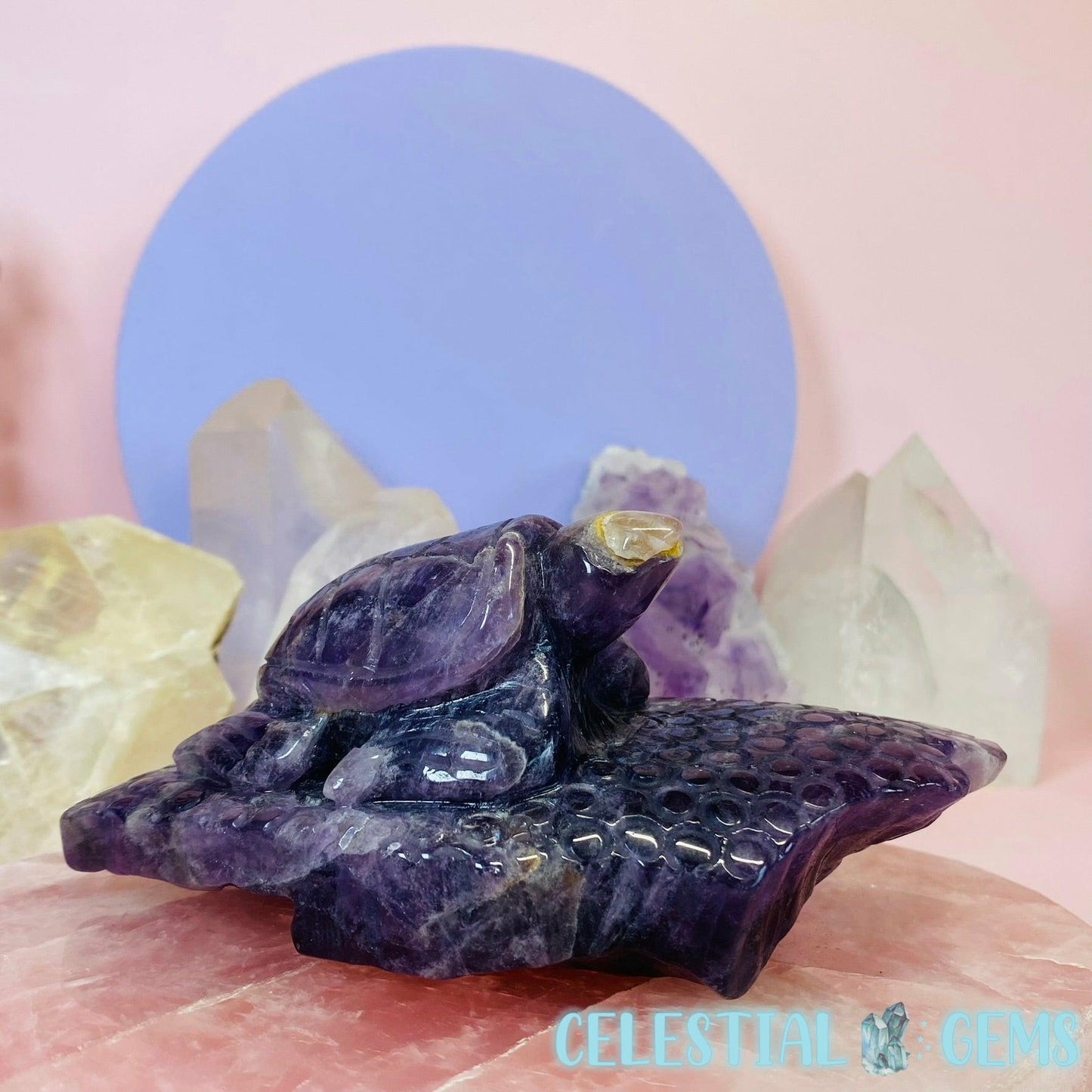 Amethyst Turtle on Rock Medium Carving