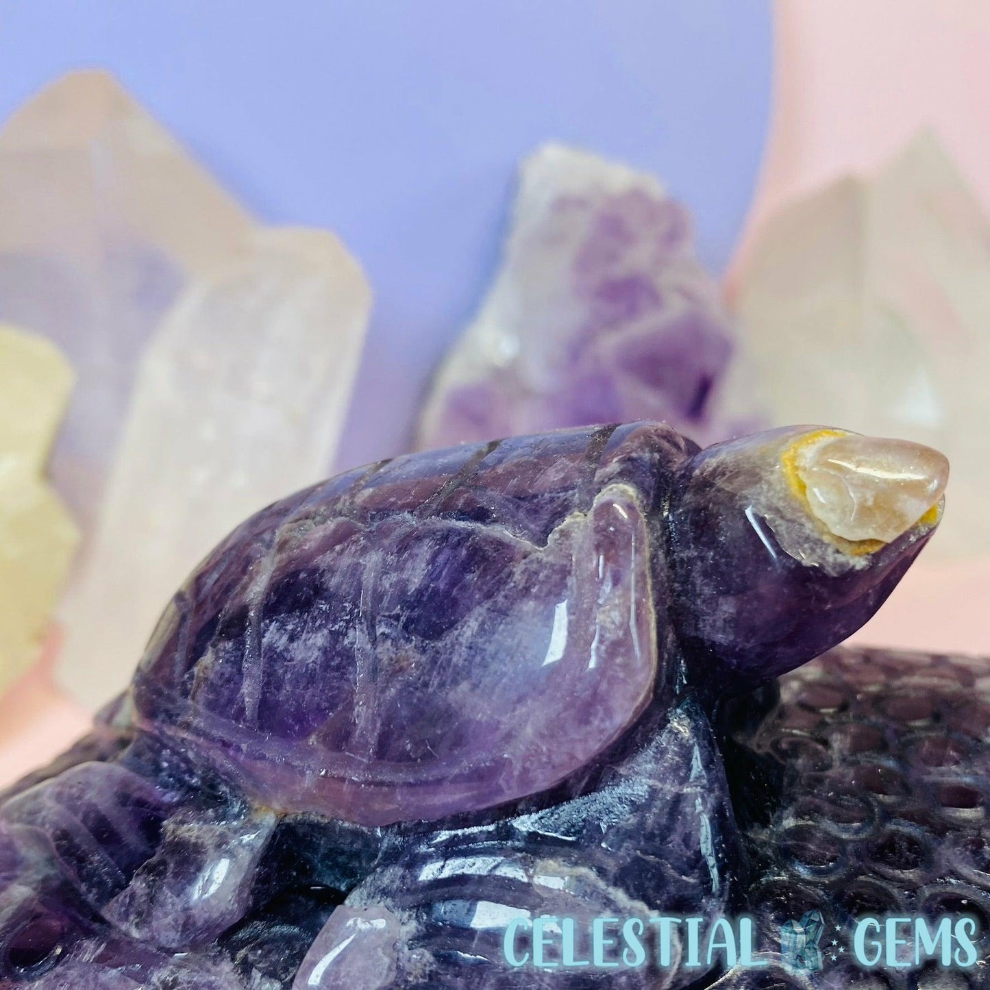 Amethyst Turtle on Rock Medium Carving