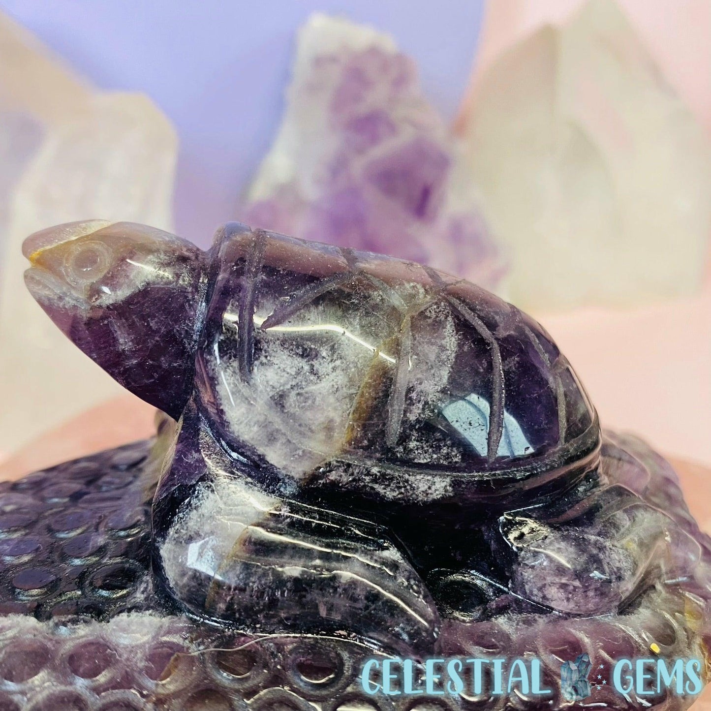 Amethyst Turtle on Rock Medium Carving