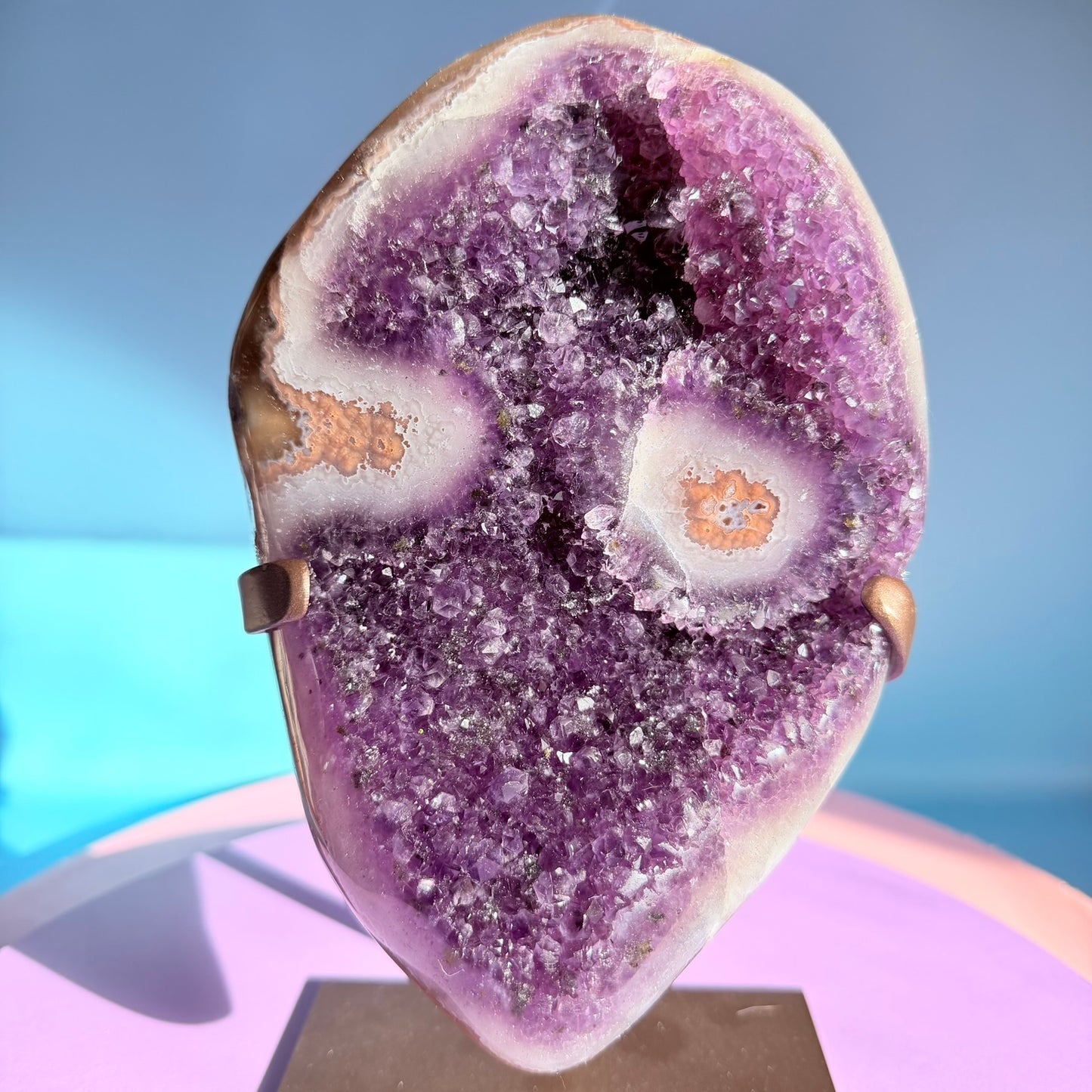 Dark Amethyst Large Cluster Freeform with Polished Stalactites on Metal Stand (Video)
