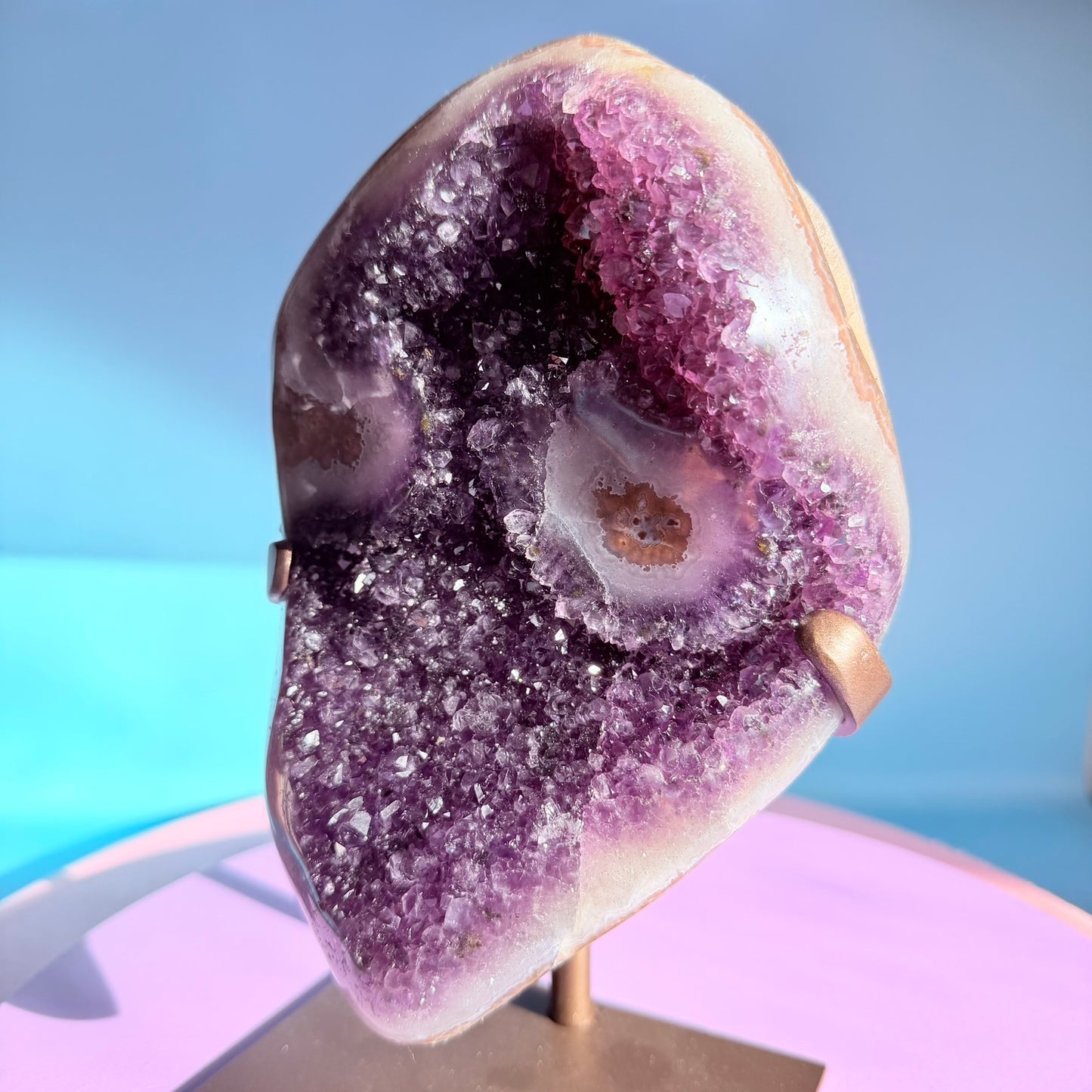 Dark Amethyst Large Cluster Freeform with Polished Stalactites on Metal Stand (Video)