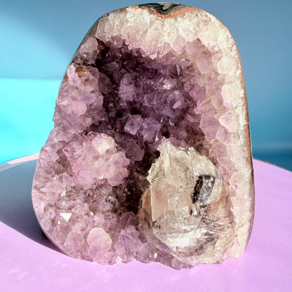 Amethyst Large Semi-Polished Cluster Freeform with Optical Calcite (Video)