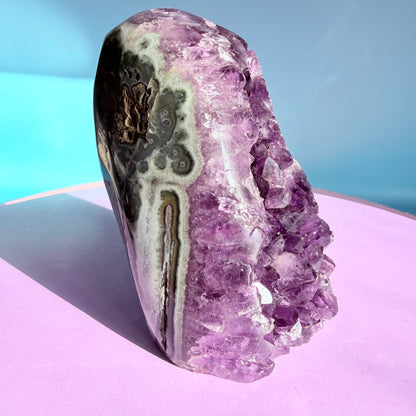 Dark Amethyst Medium Semi-Polished Cluster Freeform with Polished Agate (Video)