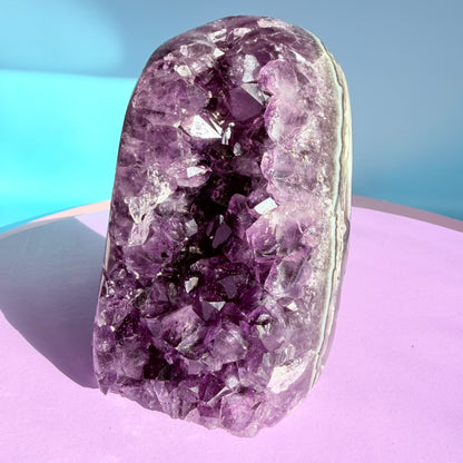 Dark Amethyst Medium Semi-Polished Cluster Freeform with Polished Agate (Video)