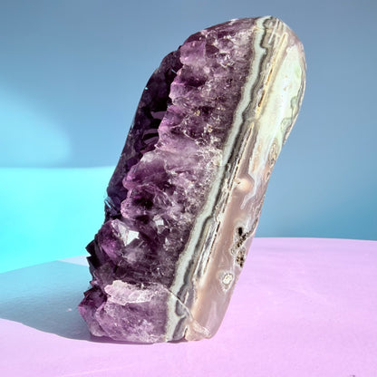 Dark Amethyst Medium Semi-Polished Cluster Freeform with Polished Agate (Video)