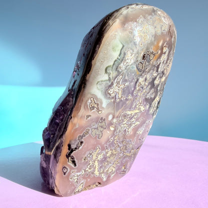 Dark Amethyst Medium Semi-Polished Cluster Freeform with Polished Agate (Video)