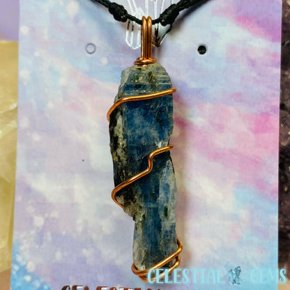 Solid Blue Kyanite Pendant on Adjustable Rope Cord SILVER or COPPER (Handmade)