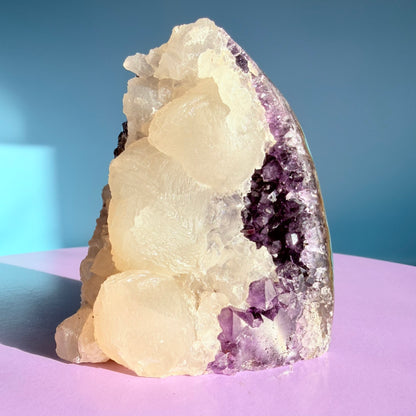 Amethyst Small Semi-Polished Cluster Freeform with Calcite (Video)