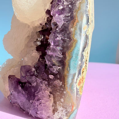 Amethyst Small Semi-Polished Cluster Freeform with Calcite (Video)