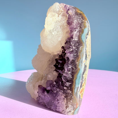 Amethyst Small Semi-Polished Cluster Freeform with Calcite (Video)