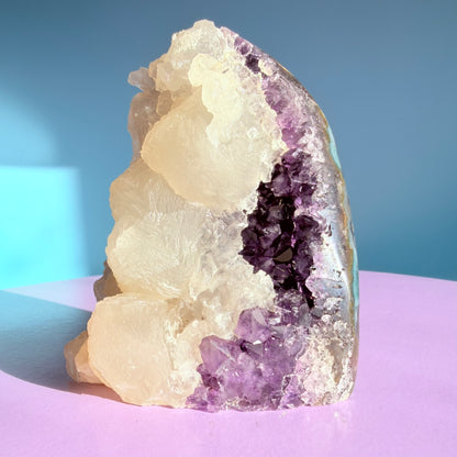 Amethyst Small Semi-Polished Cluster Freeform with Calcite (Video)