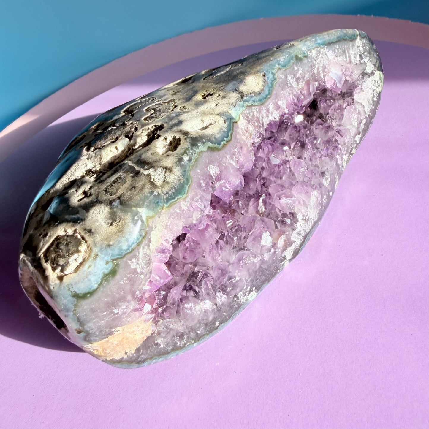 Amethyst Large Semi-Polished Geode Freeform with Polished Agate (Video)