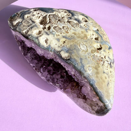 Amethyst Large Semi-Polished Geode Freeform with Polished Agate (Video)