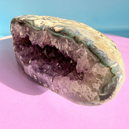 Amethyst Large Semi-Polished Geode Freeform with Polished Agate (Video)