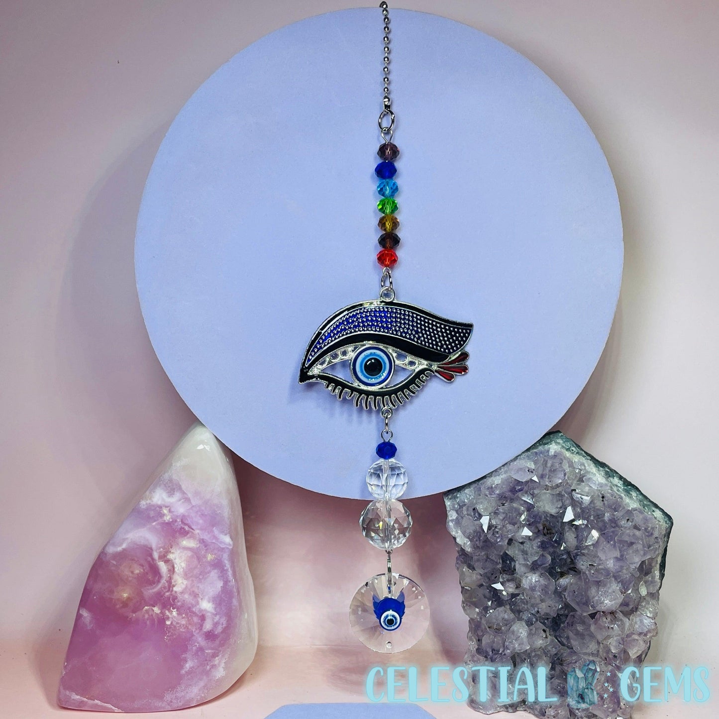 Turkish Evil Eye Metal Wall Hanging with Chakra Glass Beads (Style 3)