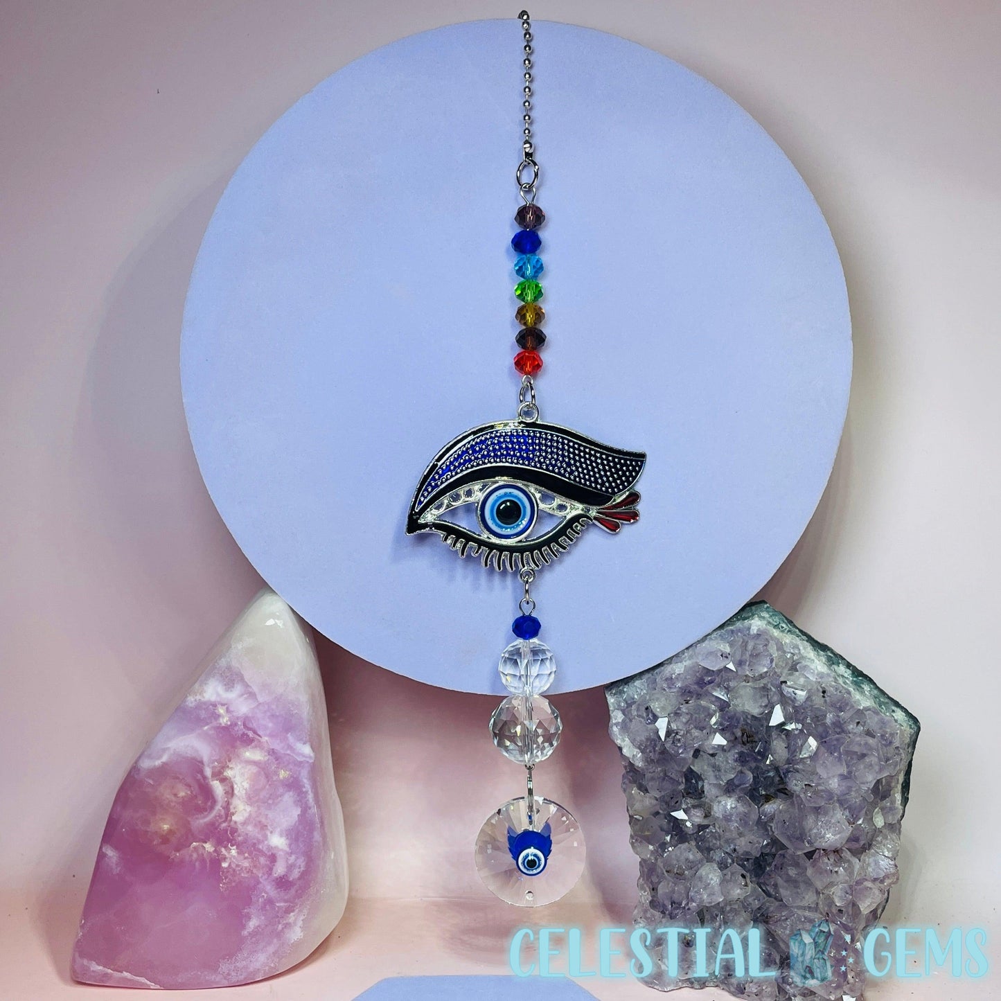 Turkish Evil Eye Metal Wall Hanging with Chakra Glass Beads (Style 3)