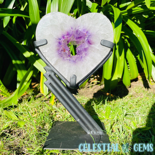 Amethyst Geode Heart Large Carving on Metal Stand (Video)