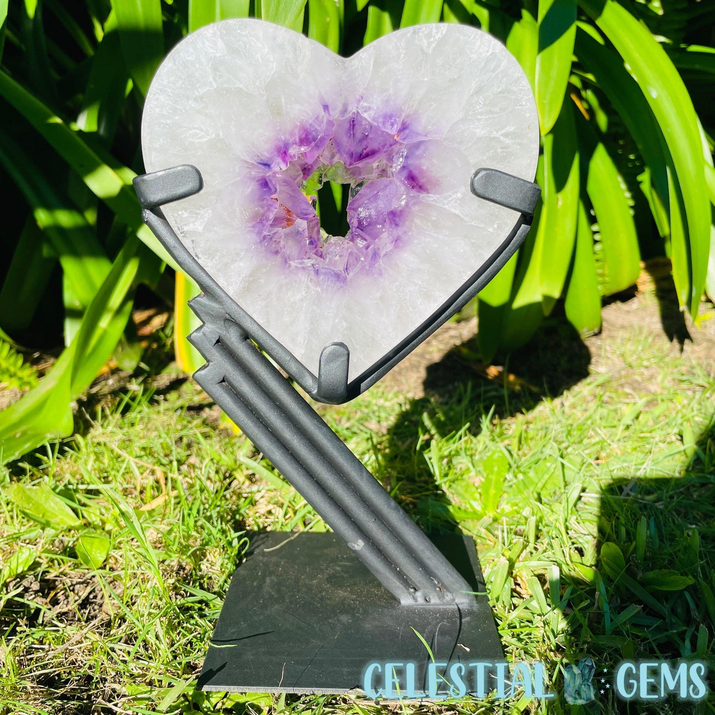 Amethyst Geode Heart Large Carving on Metal Stand (Video)