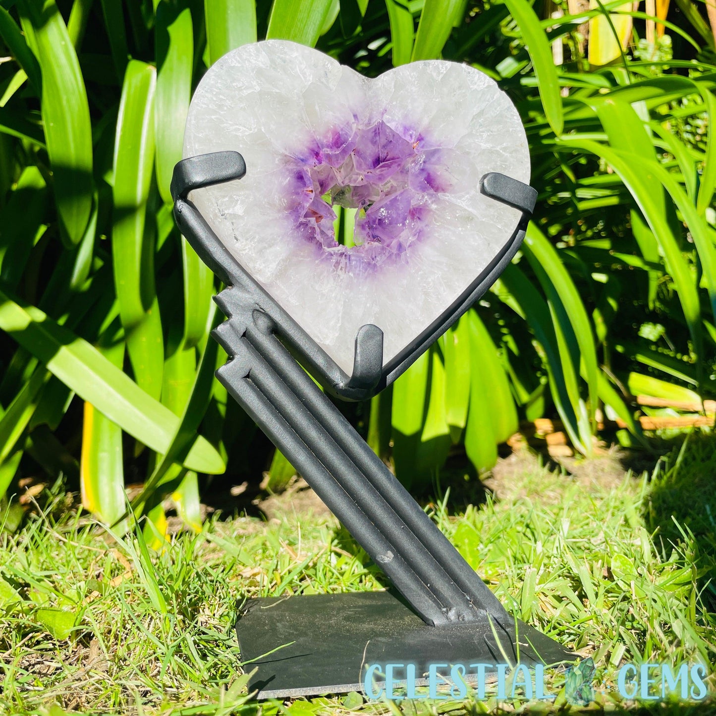 Amethyst Geode Heart Large Carving on Metal Stand (Video)