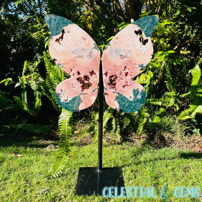 Pink Amethyst, Agate + Celadonite Butterfly Wings XXXL Carving on Metal Pedastal Stand (Video)