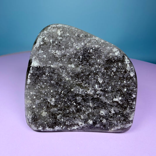 Black Amethyst Small Semi-Polished Cluster Freeform with Agate (Video)
