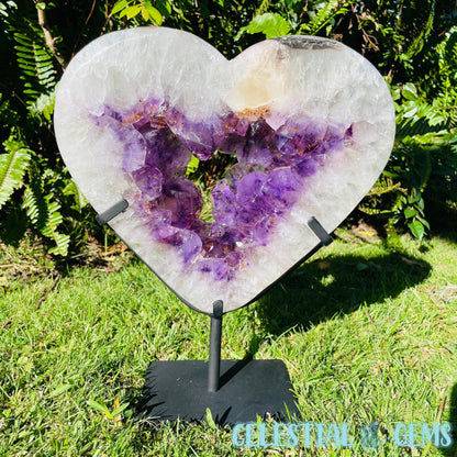 Amethyst, Cacoxenite + UV Calcite Geode Heart XXL Carving on Metal Stand (Video)