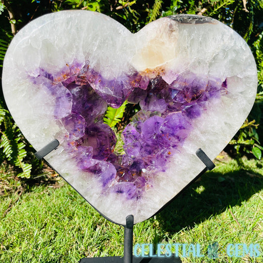 Amethyst, Cacoxenite + UV Calcite Geode Heart XXL Carving on Metal Stand (Video)