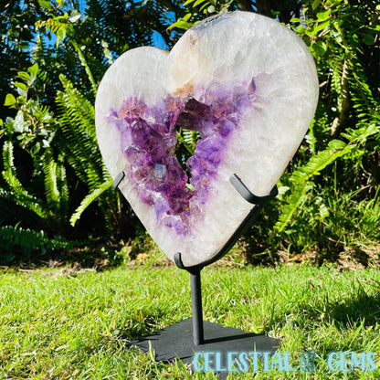 Amethyst, Cacoxenite + UV Calcite Geode Heart XXL Carving on Metal Stand (Video)